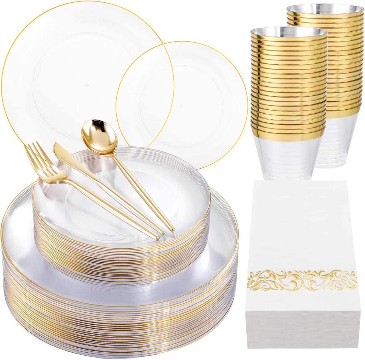 210Pcs Clear and Gold Plates for 30 Guests, Plastic Plates for Party, Includes:30 Gold Dinner Plates, 30 Gold Dessert Plates, 30 Paper Towels with 90 Silverware & 30 Cups MirthMood